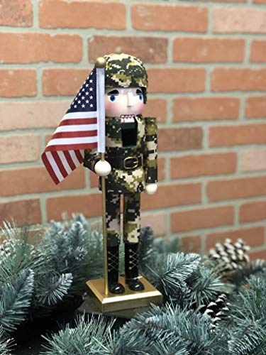 14-Inch Army Nutcracker with Flag - Handcrafted Christmas Decor