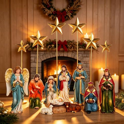 Colorful 14-Piece Nativity Scene Set with Metal Stars - Religious Christmas Decor