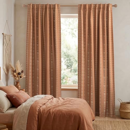 Terracotta Boho Blackout Curtains Set - 50W x 84L, 2 Panels, Vintage Floral Farmhouse Style, Linen Cotton Blend, Autumn Rust Orange Pattern, Autumn Drapes