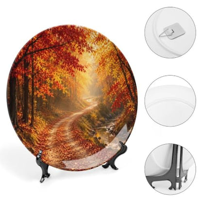 10 Inch Golden Autumn Path Ceramic Decorative Plate with Stand & Wall Hook