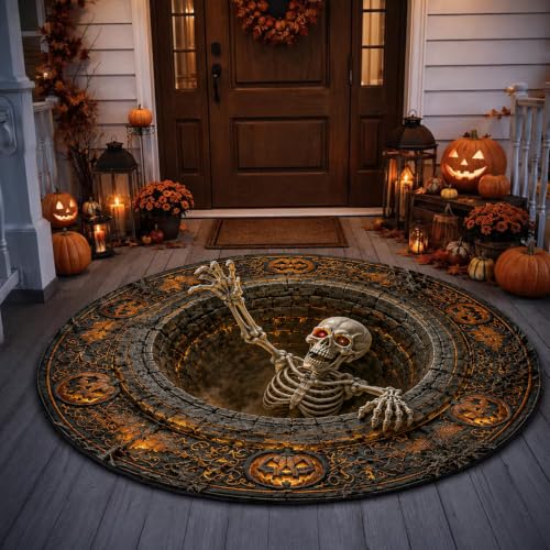 NAZENTI 3D Skeleton Optical Illusion Round Rug - Halloween Floor Mat, Spooky Pumpkin Hole Design, Skeleton Vortex Decoration, Design 1