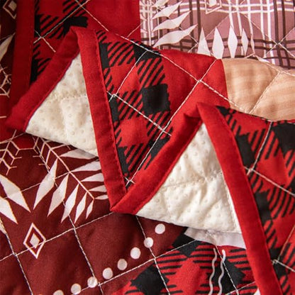 Christmas Sofa Cover for Recliner - Red Patchwork Slipcover with Elastic Straps