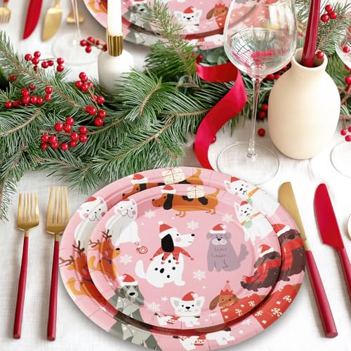 Christmas Dog Paper Plates Set - 9 & 7 Inch Pink Puppy Party Supplies, 30 Pcs - Variation: Christmas Dog