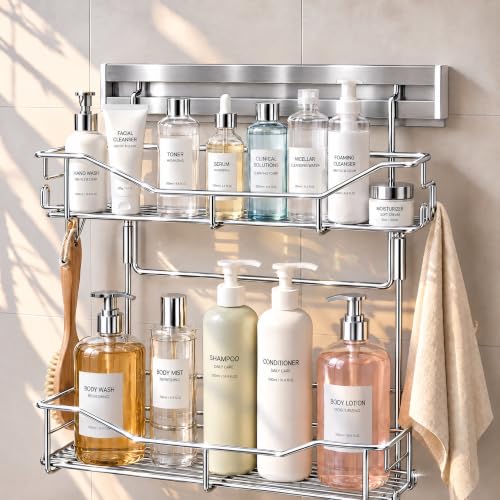 2-Tier Premium Shower Caddy with 8 Hooks - Deep & Shallow Baskets, Stainless Steel, Adhesive or Screw Mount