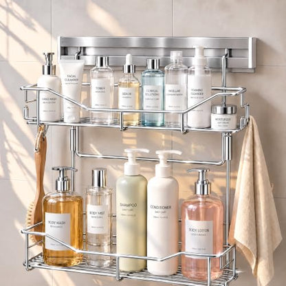 2-Tier Premium Shower Caddy with 8 Hooks - Deep & Shallow Baskets, Stainless Steel, Adhesive or Screw Mount