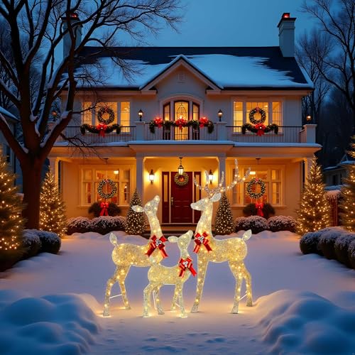 YULETIME 3-Piece Lighted Glitter Reindeer Family Set - 66-Inch Christmas Decor - 2.5D Variant