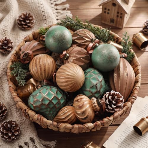 Neutral Christmas Ornaments Set of 12 - Textured Rustic Xmas Tree Decor, Copper, Brown & Green Variations