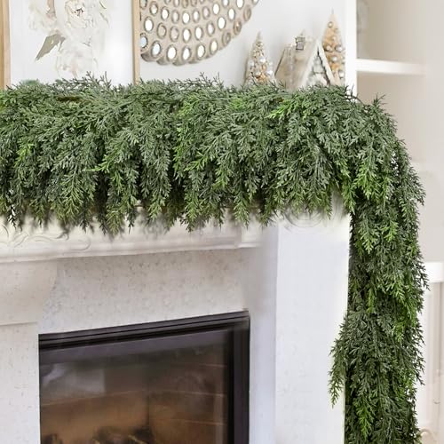 12FT Thick Christmas Cedar Garland with 300 Branches and Real Touch Layers - Extra Full, Green