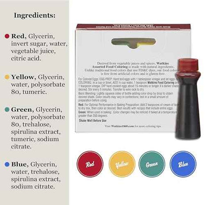 Watkins Assorted Food Coloring, 1 Each Red, Yellow, Green, Blue, Total Four 0.3 oz bottles, 4 Count (Pack of 1)