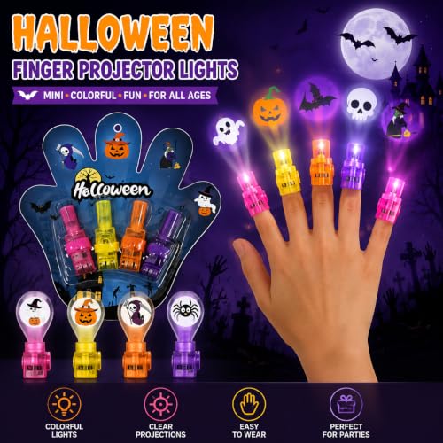 Halloween Finger Projector Rings 3-Pack - LED Ghost, Bat, Pumpkin Designs