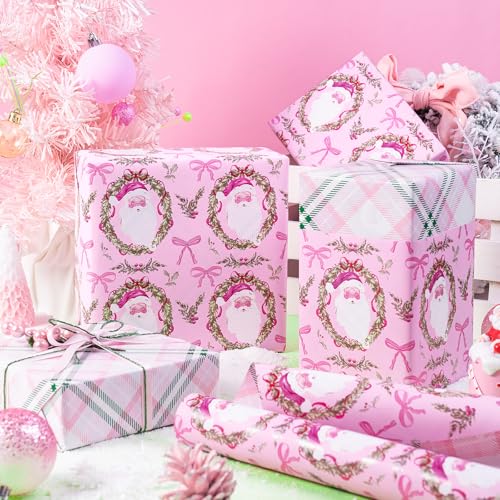 Reversible Pink Christmas Wrapping Paper with Santa & Floral Wreaths - 17 in x 16.4 ft, Festive Holiday Gift Wrap