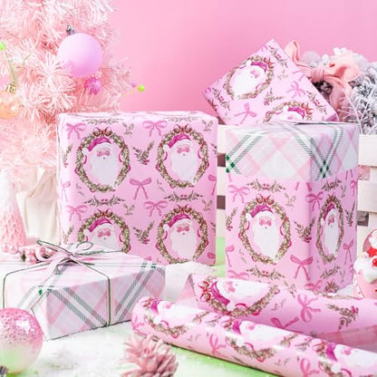 Reversible Pink Christmas Wrapping Paper with Santa & Floral Wreaths - 17 in x 16.4 ft, Festive Holiday Gift Wrap