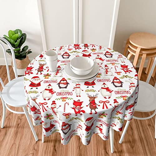 Christmas Round Tablecloth 70 Inch - Santa Snowman Winter Holiday Decor - Wipeable Polyester