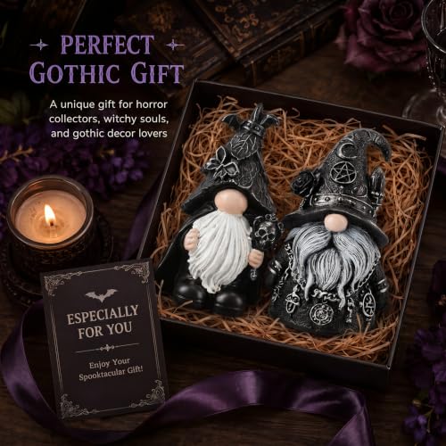 Gothic Gnome Statues Set - Halloween Witch and Bat Figurines for Dark Decor