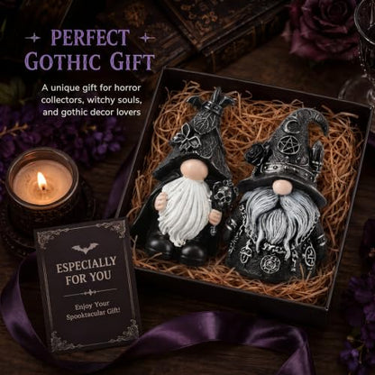 Gothic Gnome Statues Set - Halloween Witch and Bat Figurines for Dark Decor
