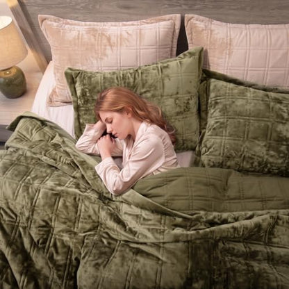 Oversized Super King Velvet Quilt Set 128x120 Inches - Olive Green - Luxury Bedding
