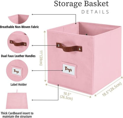 DECOMOMO Storage Bins - Fabric Cube Storage Bins with Labels | 10.5" x 11" | Set of 6, Pink