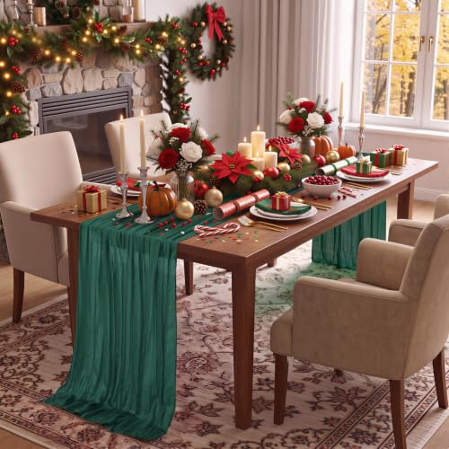 Emerald Green Cheesecloth Table Runner 35x120 Inch Boho Rustic Decor - 3 Pcs