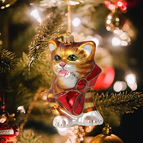 Hand Blown Glass Christmas Cat Ornament with Red Bow - Holiday Decor