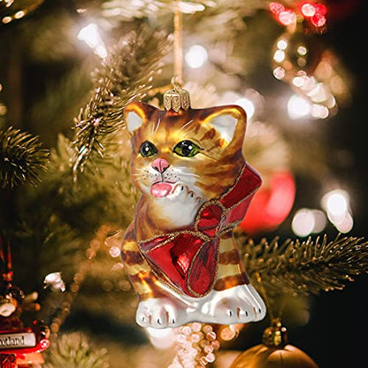 Hand Blown Glass Christmas Cat Ornament with Red Bow - Holiday Decor