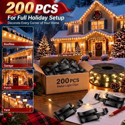 200 Pcs Christmas String Light Hanger Hooks for Gutter & Outdoor Decorations - Heavy Duty Metal Clips