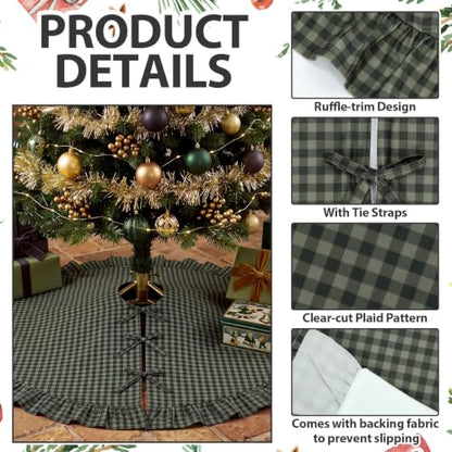 Dark Forest Green Gingham Christmas Tree Skirt with Ruffled Border - 48 Inch, Variation of Forest Green / 48 in