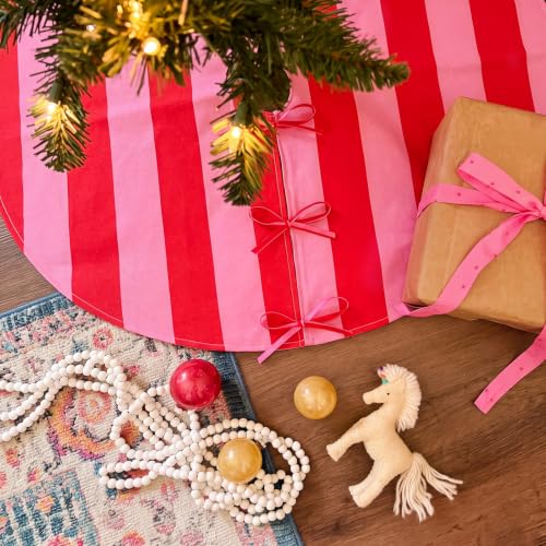 36-Inch Pink and Red Christmas Tree Skirt with Bow Ties - Holiday Decor