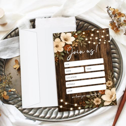 25 Pack Rustic Wood Floral Invitations with Envelopes - Fill-in Party Cards