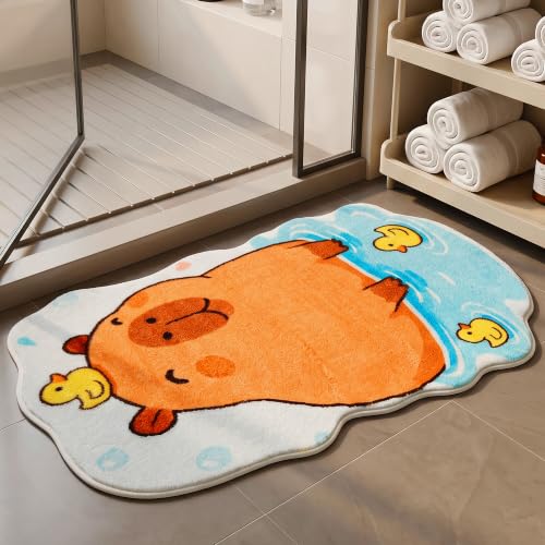J-Capybara Bathroom Mat, Cute Plush Animal Rug with Ducks, 20x31.5 Inches