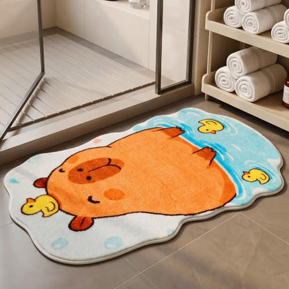 J-Capybara Bathroom Mat, Cute Plush Animal Rug with Ducks, 20x31.5 Inches