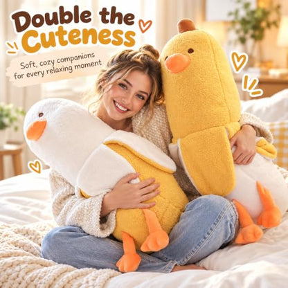 27.5 Inch Banana Duck Plush Pillow - Soft White Stuffed Animal for Hugging and Decor
