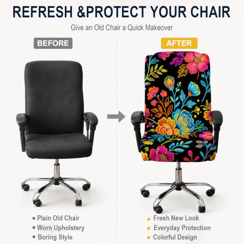 Boho Floral Stretch Office Chair Cover for High Back Desk Computer Chair - Vibrant Botanical Pattern