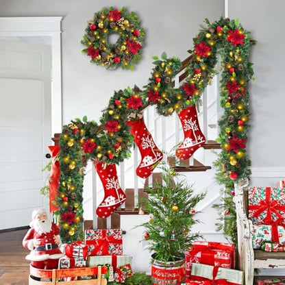 Pre-Lit 6ft Red Gold Christmas Garland with 30 LED Timer Lights - Holiday Decor Variation 03-Red Gold