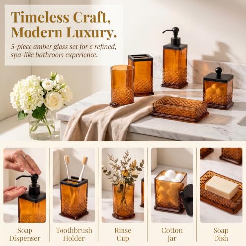 Amber Glass Bathroom Accessory Set - 5-Piece Vintage Style Accessories