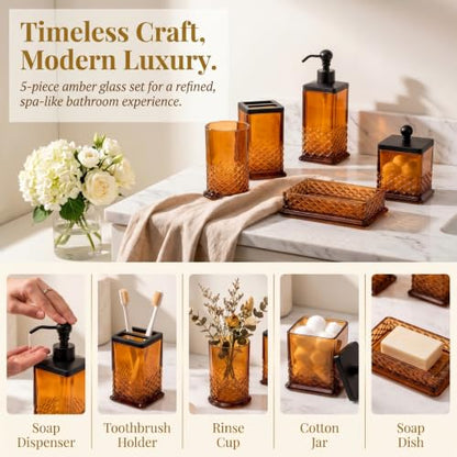 Amber Glass Bathroom Accessory Set - 5-Piece Vintage Style Accessories