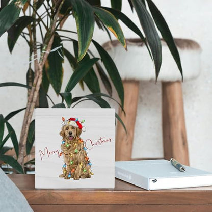 Christmas Golden Retriever Dog Wood Box Sign - Holiday Home Decor, 5x5 Inch