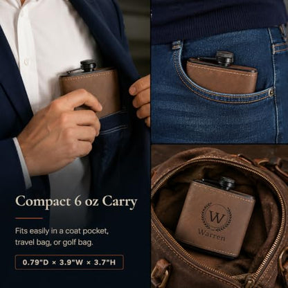Personalized Leather Hip Flask 6 oz Engraved Groomsmen Gift - Coffee Variant
