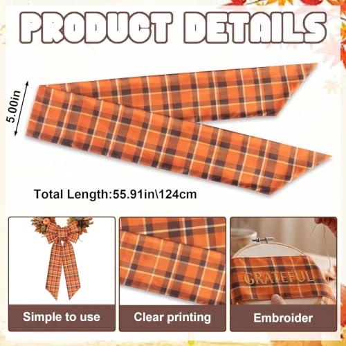 Fall Wreath Sash Orange Black Plaid Ribbon Bow for Front Door - 5x55.91 inches