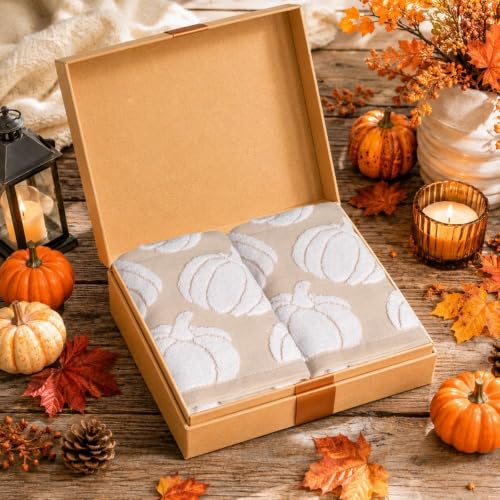 Pumpkin Fall Hand Towels 2 Pack Khaki White 100% Cotton Bathroom Decor
