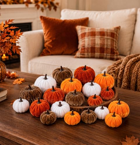 Fall Pumpkin Decor Set - 20 Velvet Artificial Pumpkins for Autumn Home Decorations