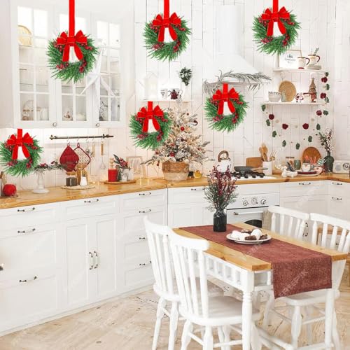 12 Pcs Mini Christmas Wreaths for Kitchen Cabinets with Red Velvet Bows - 12 Inch