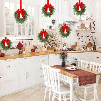 12 Pcs Mini Christmas Wreaths for Kitchen Cabinets with Red Velvet Bows - 12 Inch