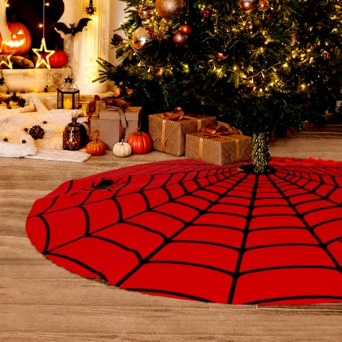 36-Inch Halloween Spider Web Tree Skirt with Red & Black Web Design - Gothic Holiday Decoration