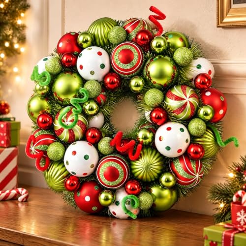 14 Inch Christmas Wreath with Red, Green & White Ornaments for Front Door