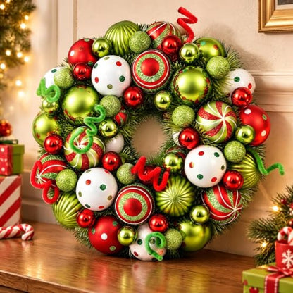 14 Inch Christmas Wreath with Red, Green & White Ornaments for Front Door