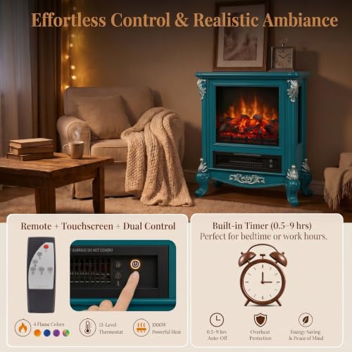 Electric Fireplace Stove 1500W Freestanding Room Heater - Blue