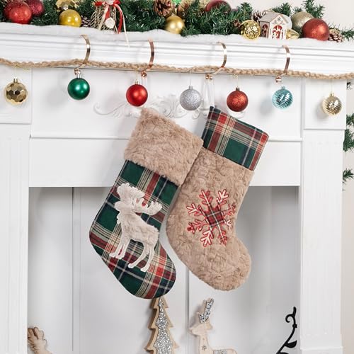 Christmas Stockings 20 Inch Red Green Plaid Plush Set - Rustic Holiday Decor