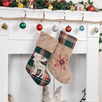 Christmas Stockings 20 Inch Red Green Plaid Plush Set - Rustic Holiday Decor