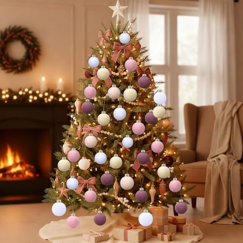 Velvet Christmas Balls 30 Pcs Flocked Holiday Ornaments - Pink Purple Variation