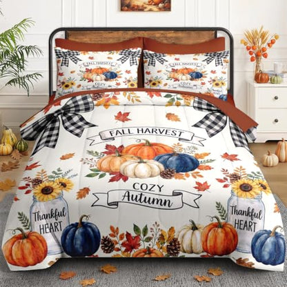 Full Size Fall Comforter Set with Pillowcases and Sheets - Rustic Pumpkin Bedding